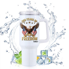 40oz Large Handle Tumbler | 250 Years Of Freedom Bald Eagle Dual American Flag Custom Family Name 1776-2026 Patriotic Stainless Steel Mug