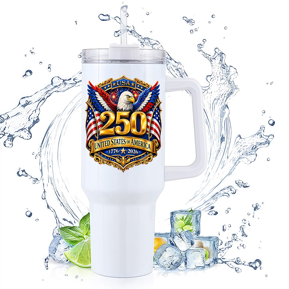 40oz Insulated Tumbler | USA 250th Anniversary Bald Eagle Golden Badge 1776-2026 Patriotic Large Capacity Travel Water Cup