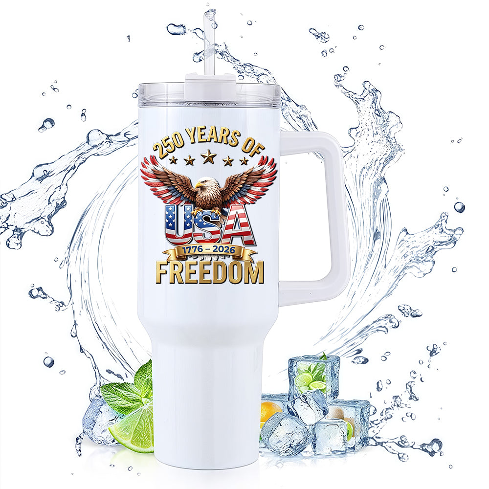 40oz Handle Travel Mug | 250 Years Of Freedom Eagle USA Flag Wings 1776-2026 Independence Day Reusable Stainless Steel Tumbler