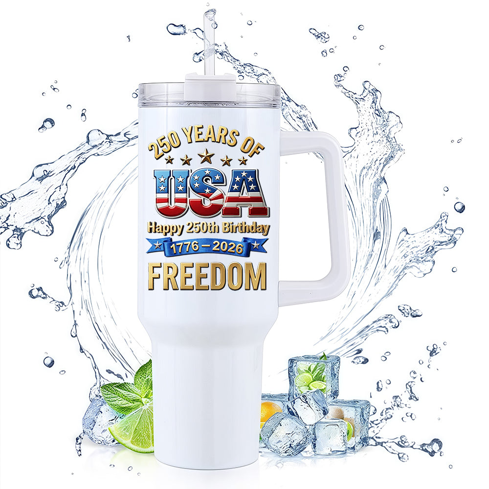 40oz Tumbler With Handle | Happy 250th USA Birthday 1776-2026 Stars Stripes Eagle Freedom Patriotic Gift Cup
