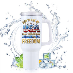 40oz Tumbler With Handle | Happy 250th USA Birthday 1776-2026 Stars Stripes Eagle Freedom Patriotic Gift Cup
