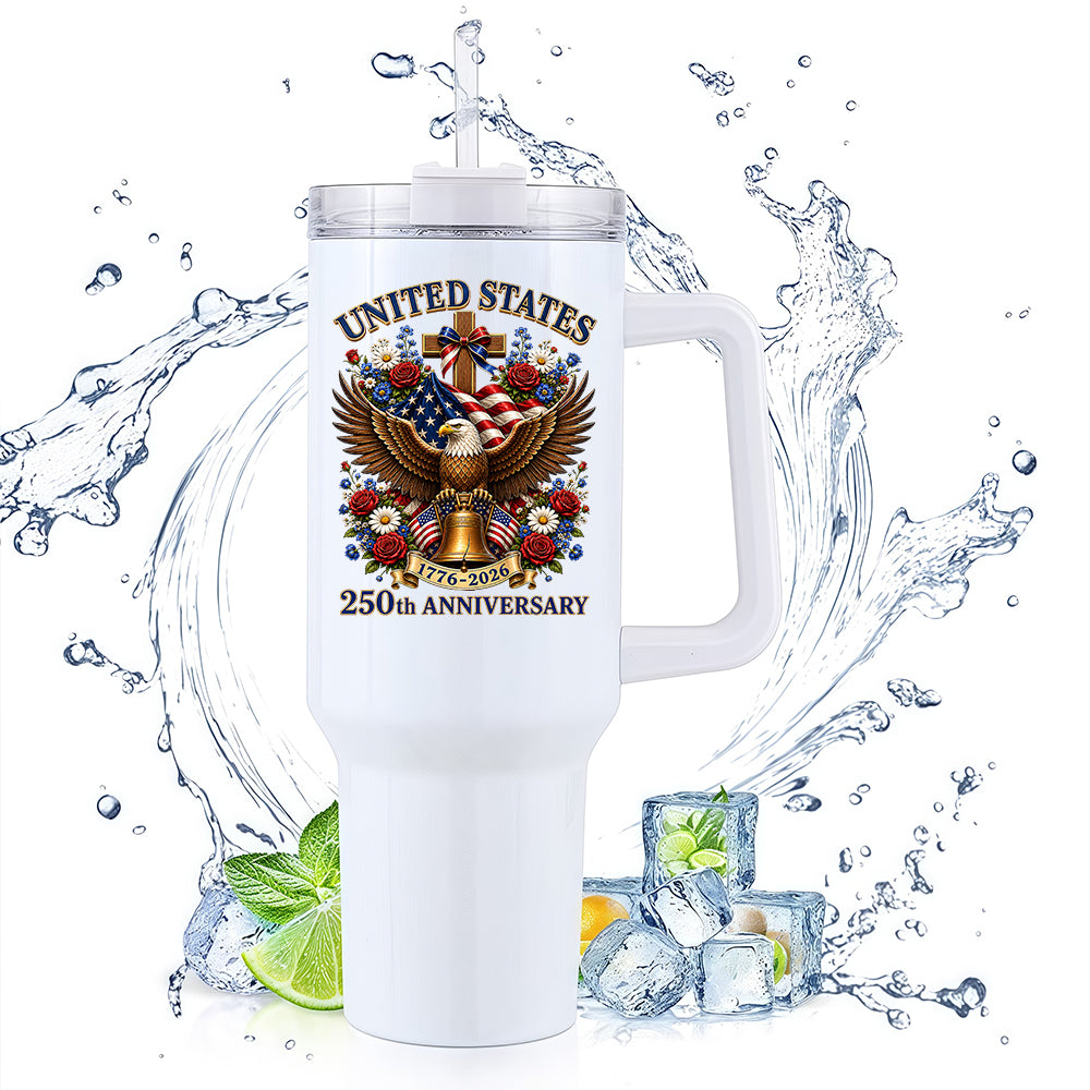 40oz Stainless Steel Tumbler | United States 250th Anniversary Eagle Cross Liberty Bell Floral Vintage Patriotic Christian Travel Mug