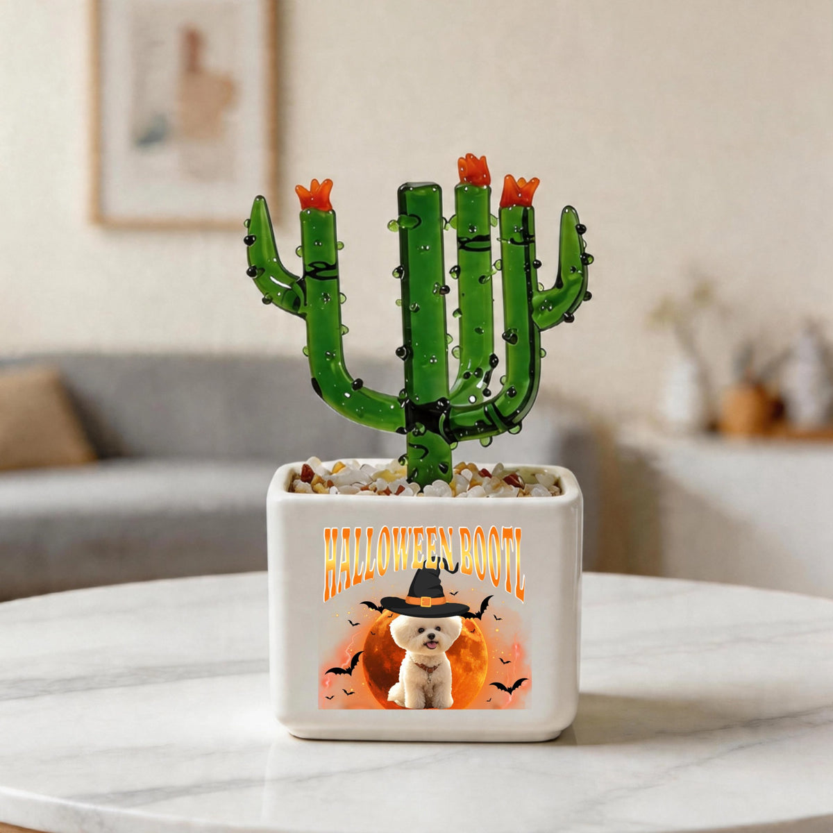 Customized Halloween Bootleg Pet Portrait Crystal Glass Cactus Ornament