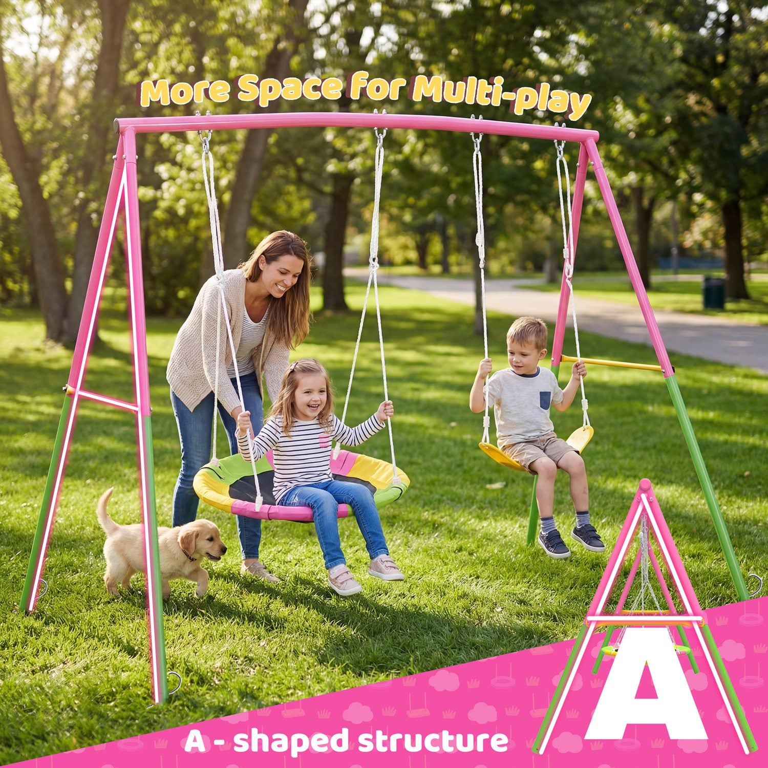1 Set Swing Set For Christmas Gift Backyard, 330lbs Swing Set With Heavy-Duty A-Frame Metal Outdoor Swing Stand, 1 Saucer Swing Seat & 1 Belt Swings Seat Use On Four Season