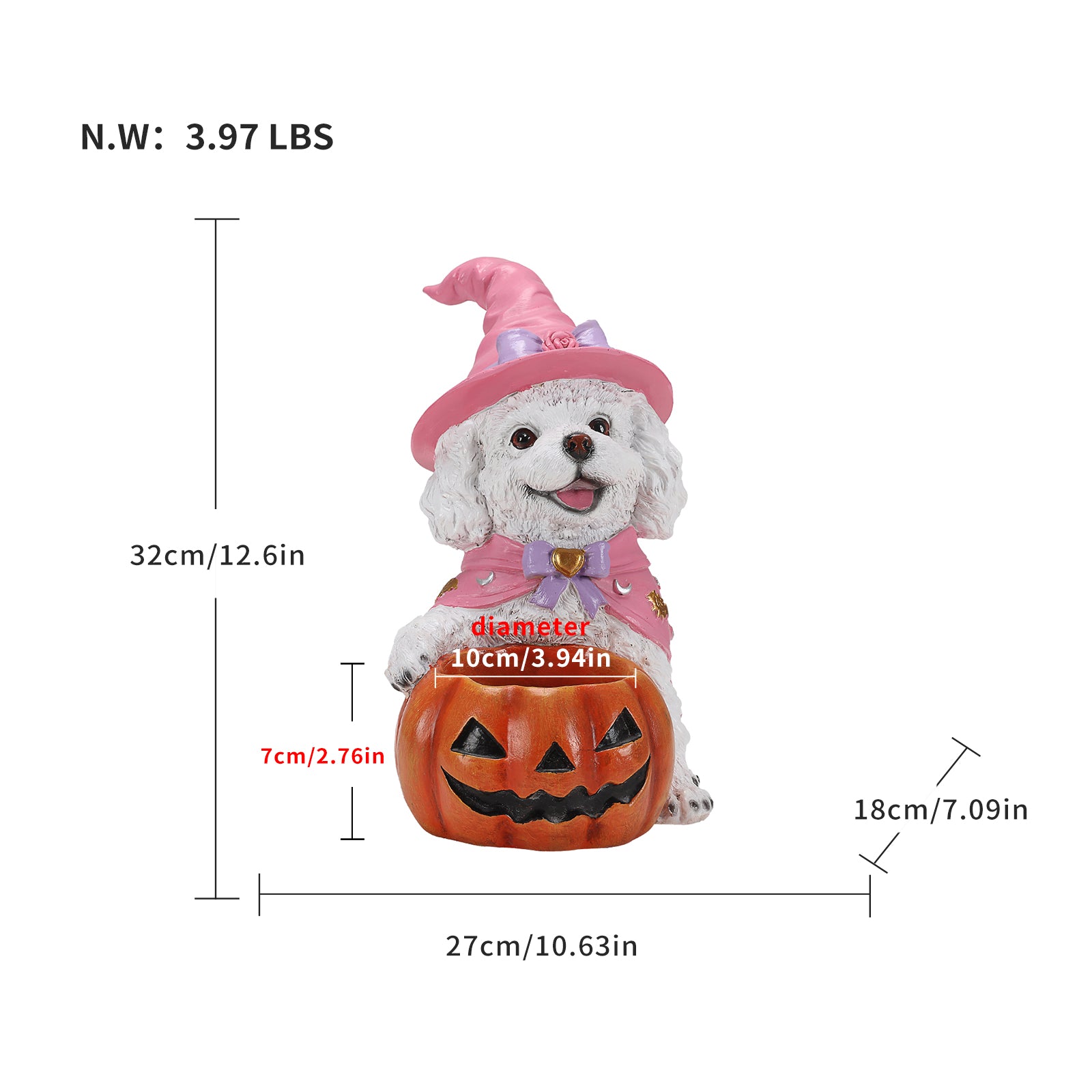 Size diagram of the white puppy witch candy bowl with its height, width and depth measured in inches and its weight in pounds