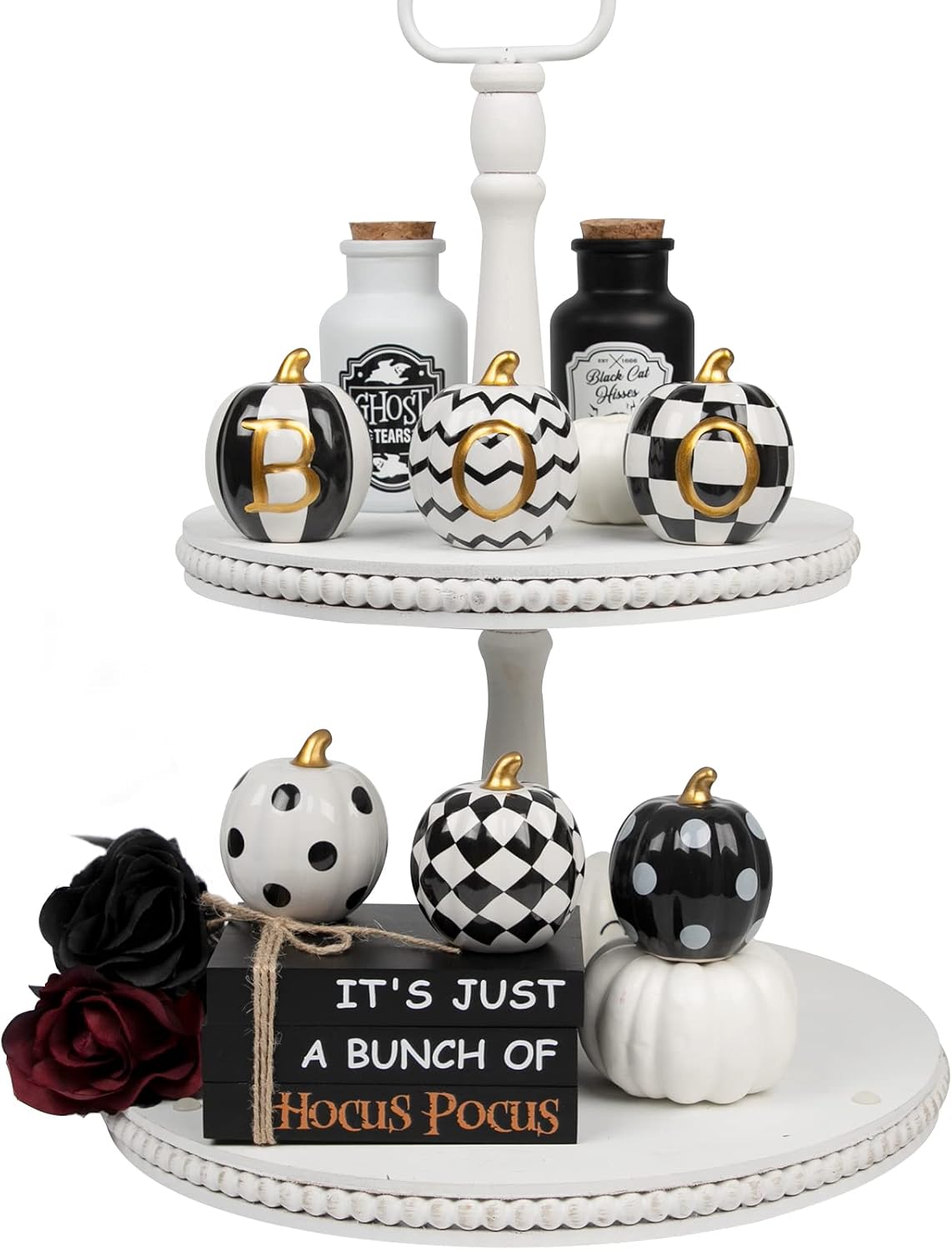 six ceramic pumpkins in black and white with gold stems - product photo 3 of 6