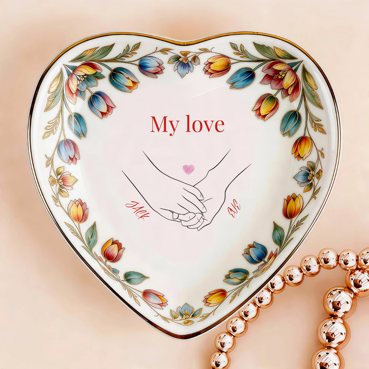 Custom  Photo Ceramic Trinket Tray with Colorful Tulip Floral Border-My love