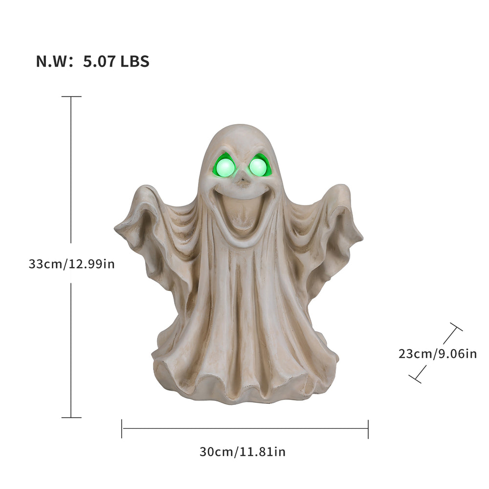 Size diagram of the light up ghost figurine with its height, width and depth measured in inches and its weight in pounds