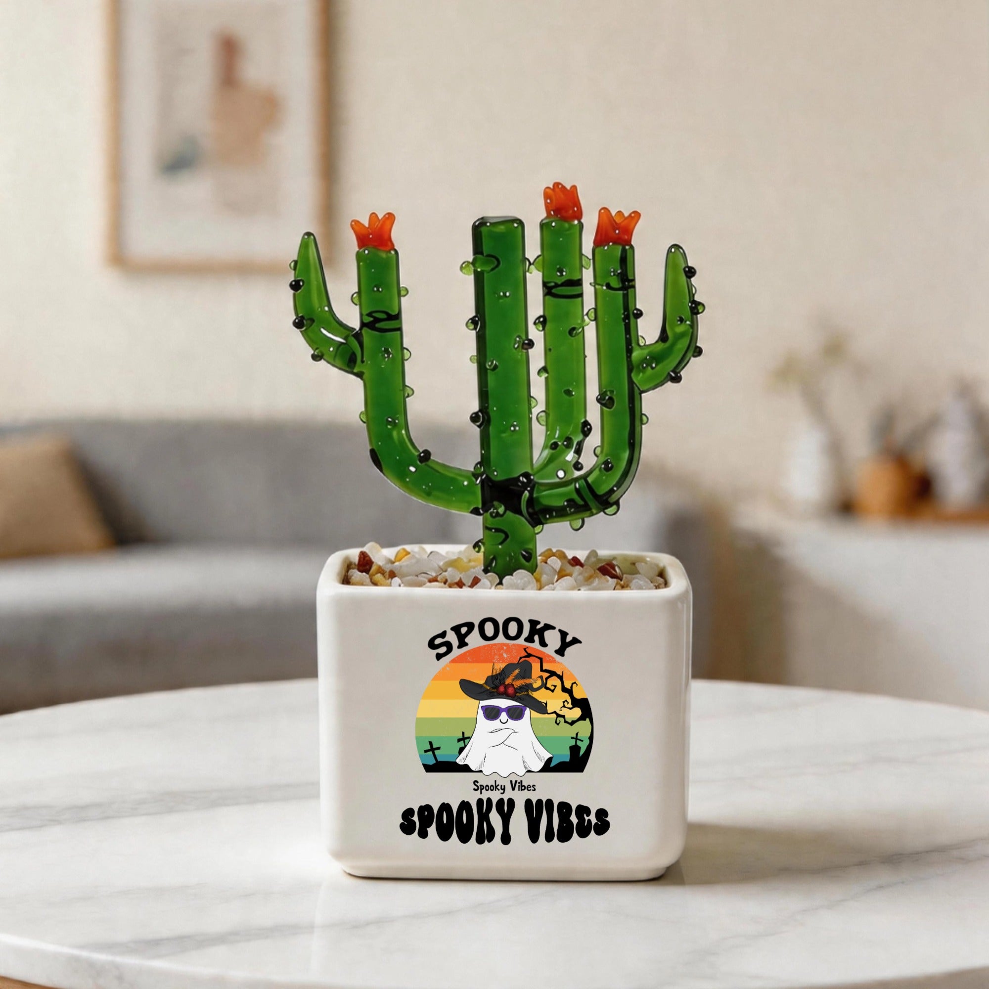 Customized Spooky Vibes Crystal Glass Cactus Ornament