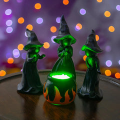4 piece resin witch and cauldron figurines with built in green LED lights - product photo 6 of 8
