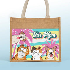 Fur Mom - Dog & Cat Personalized Custom Tote Gift Bags, Jute Tote Bags, Beach Bags - Gift For Pet Owners, Pet Lovers
