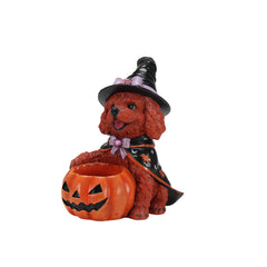 Brown poodle witch resin figure on a plain background, three quarter view, showing the curly fur texture