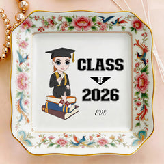 Custom Photo Ceramic Trinket Tray with Elegant Floral and Phoenix Bird Border-Happy Graduation!