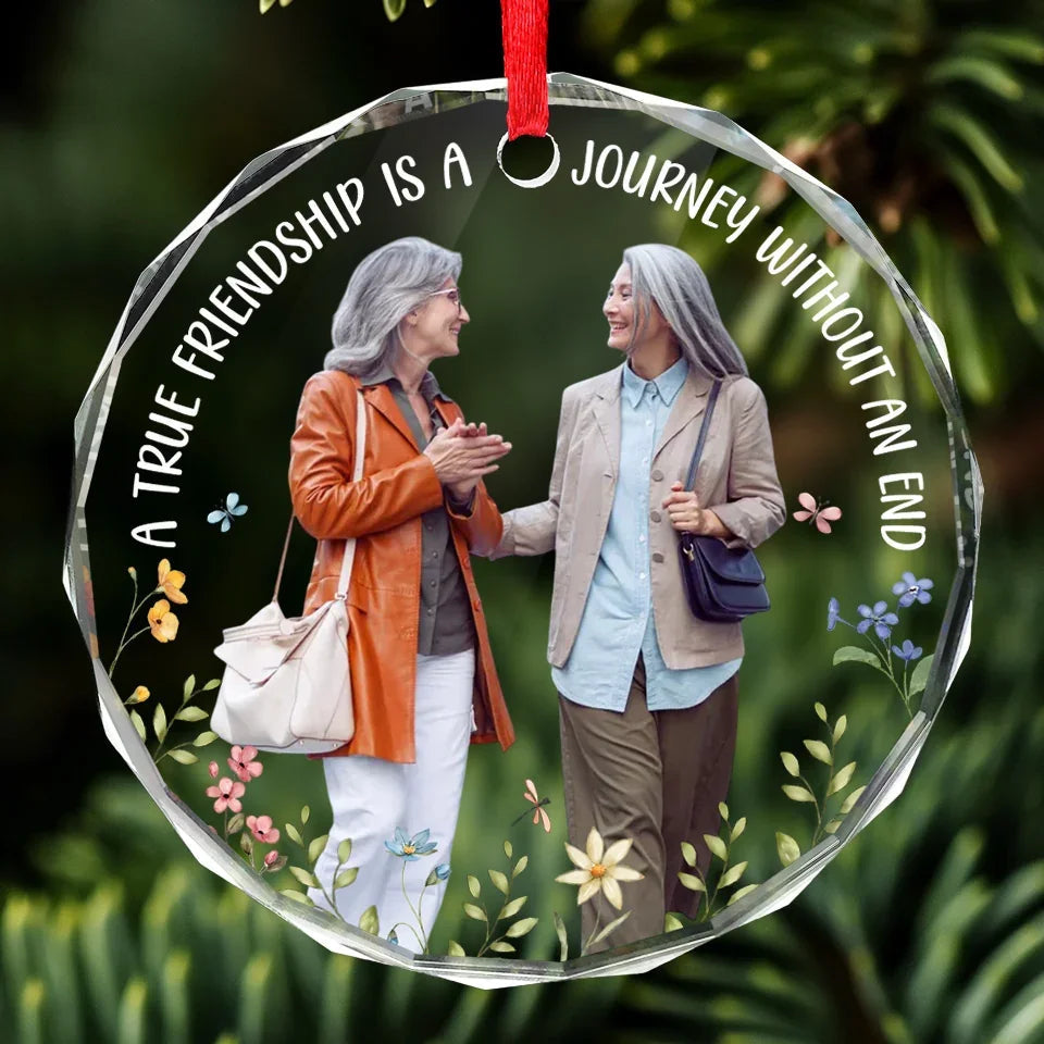 Custom Photo Our Friendship Is Timeless - Bestie Personalized Custom Circle Glass Ornament - Christmas Gift For Best Friends, BFF, Sisters