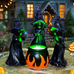 4 piece resin witch and cauldron figurines with built in green LED lights - product photo 7 of 8