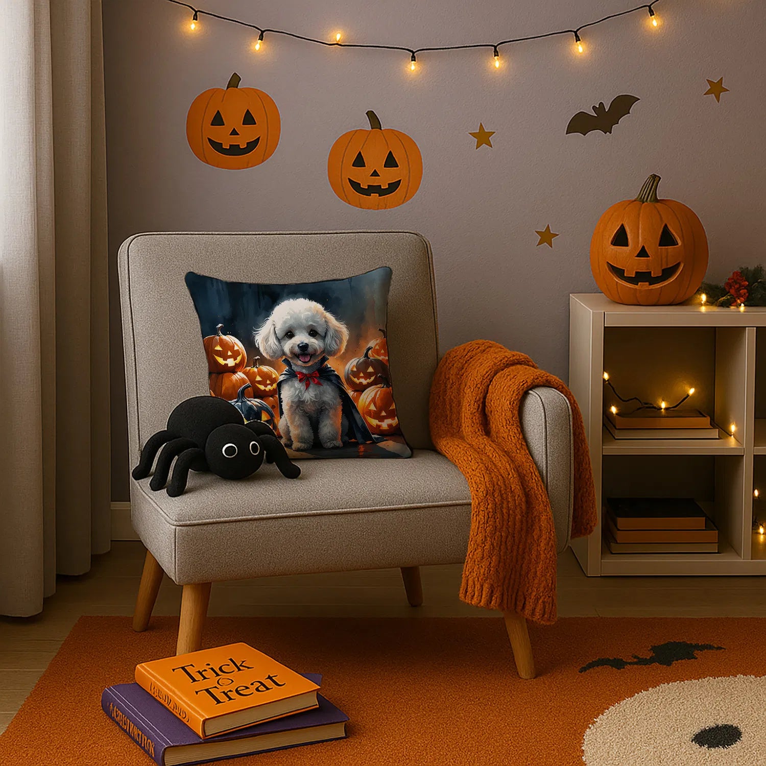 white poodle halloween throw pillow 14 x 14 inch with insert - product photo 3 of 8