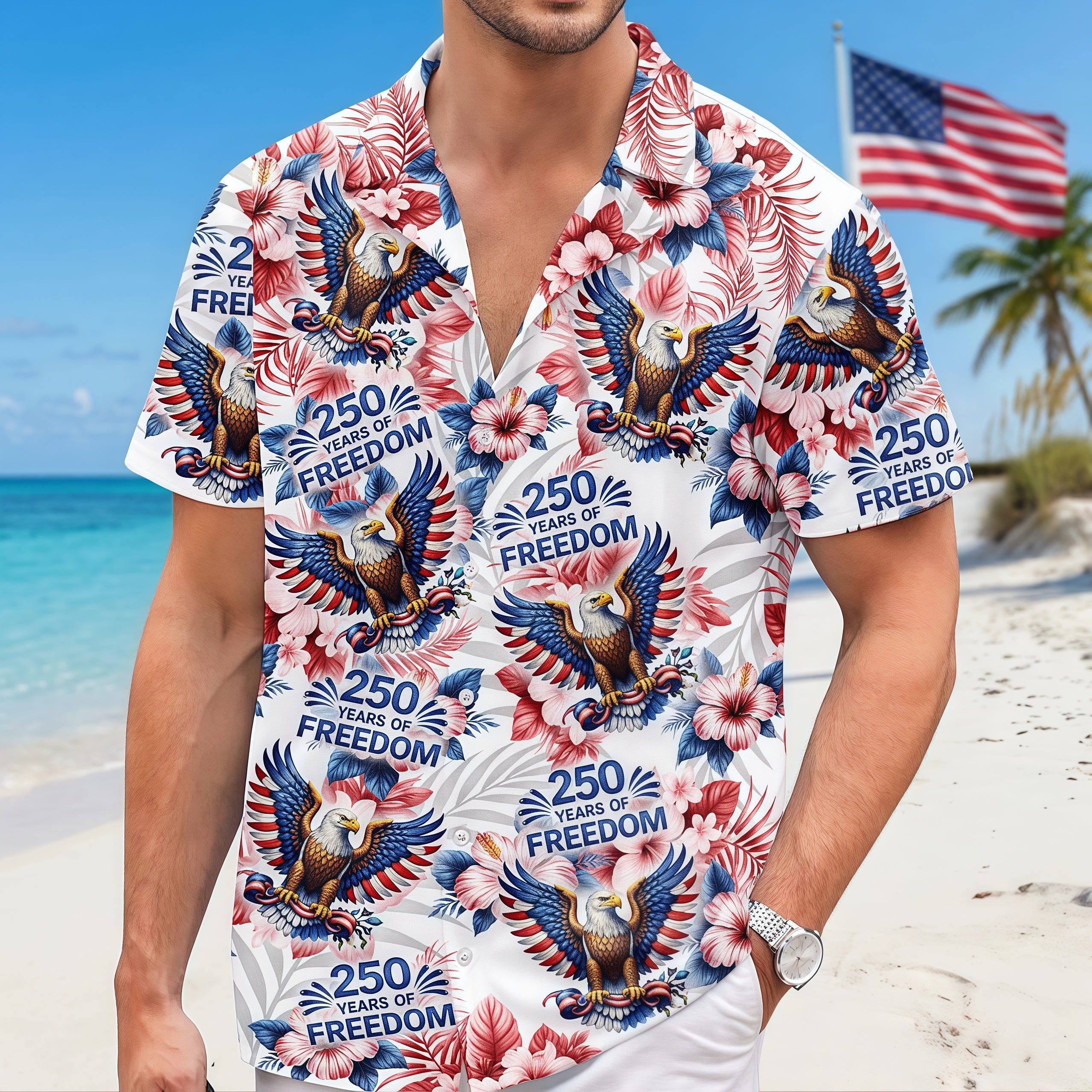 USA 250 Years of Freedom Bald Eagle Tropical Floral Hawaiian Shirt