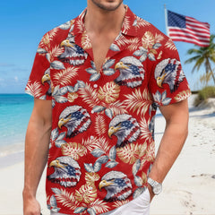 Red Background Bald Eagle Tropical Leaf Patriotic Hawaiian Shirt