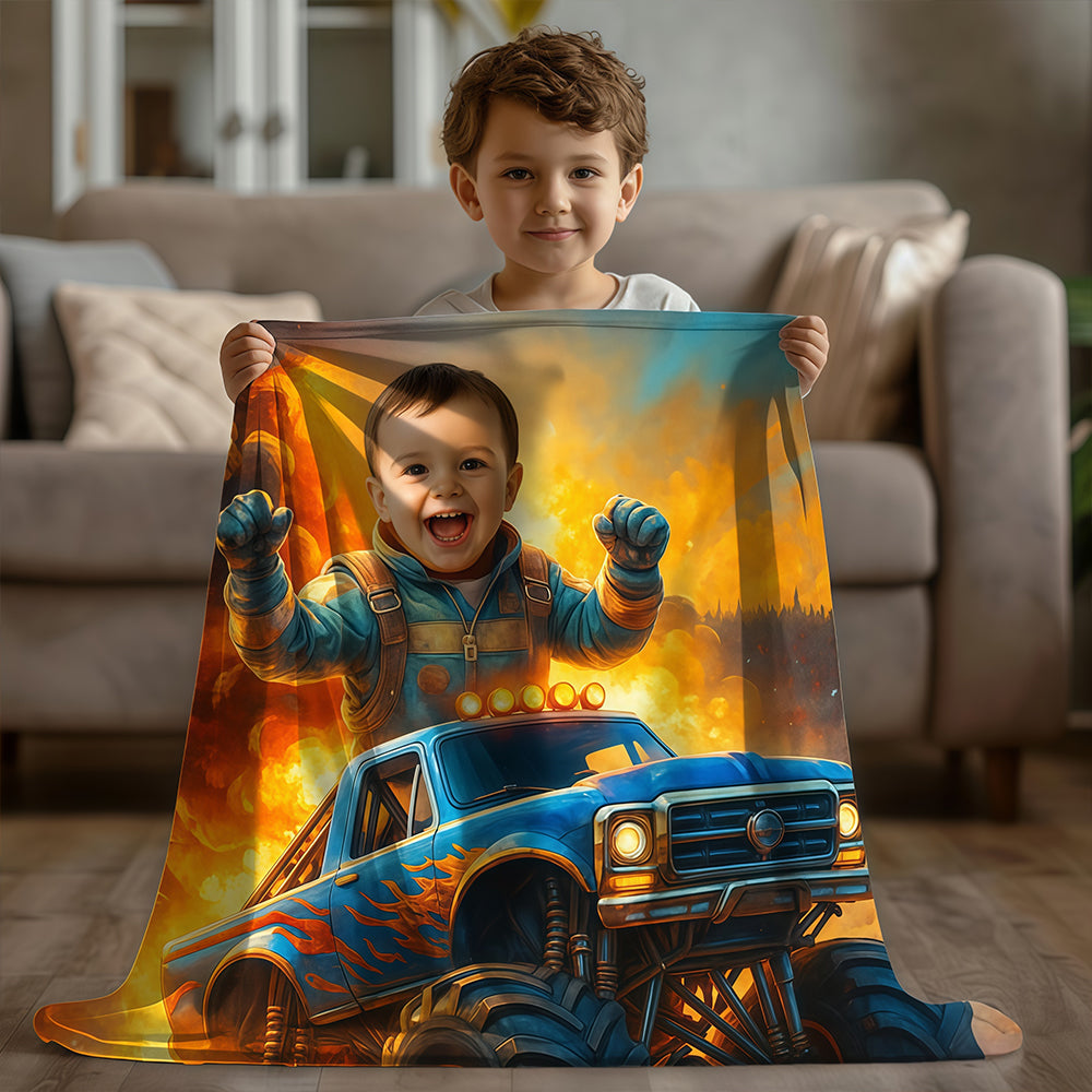 Custom Monster Truck Beach Towel with Photo, Birthday Gift for Kids, Boys, Grandson & Son.