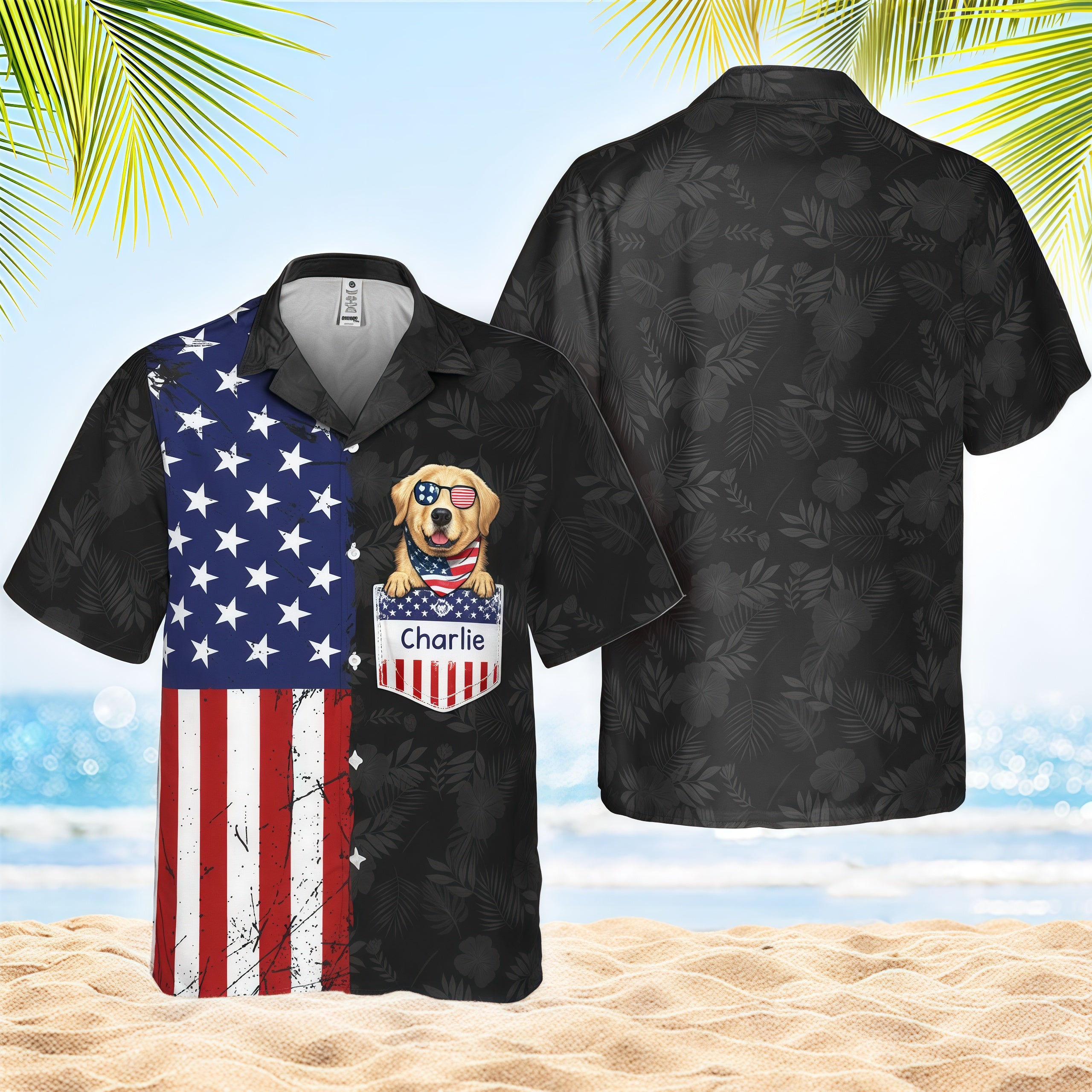 Vintage Distressed USA Flag Black Tropical Leaf Aloha Shirt