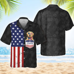 Vintage Distressed USA Flag Black Tropical Leaf Aloha Shirt