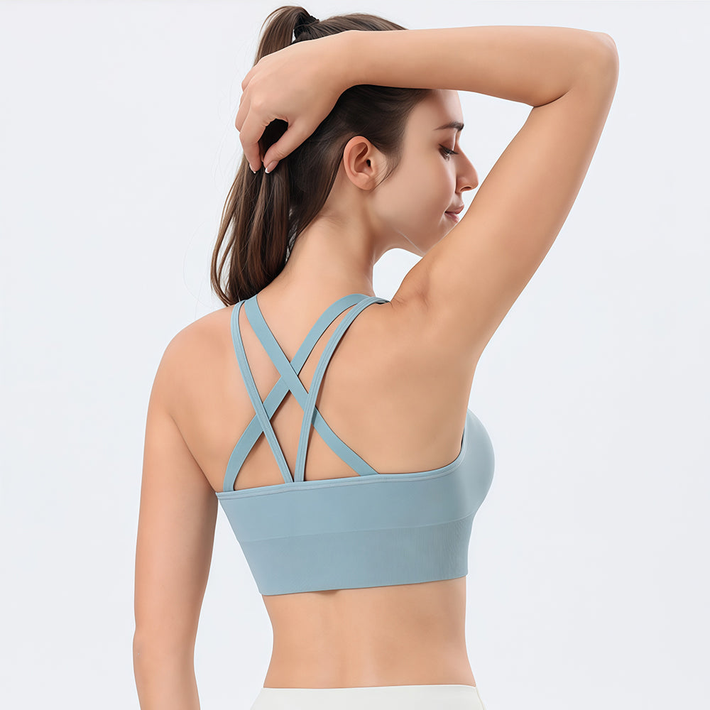 Custom Logo Crisscross Back Sports Bra Women, U Neck Double Strap Scrunch Back Longline Yoga Workout Crop Top, Customizable Private Label Activewear Bra