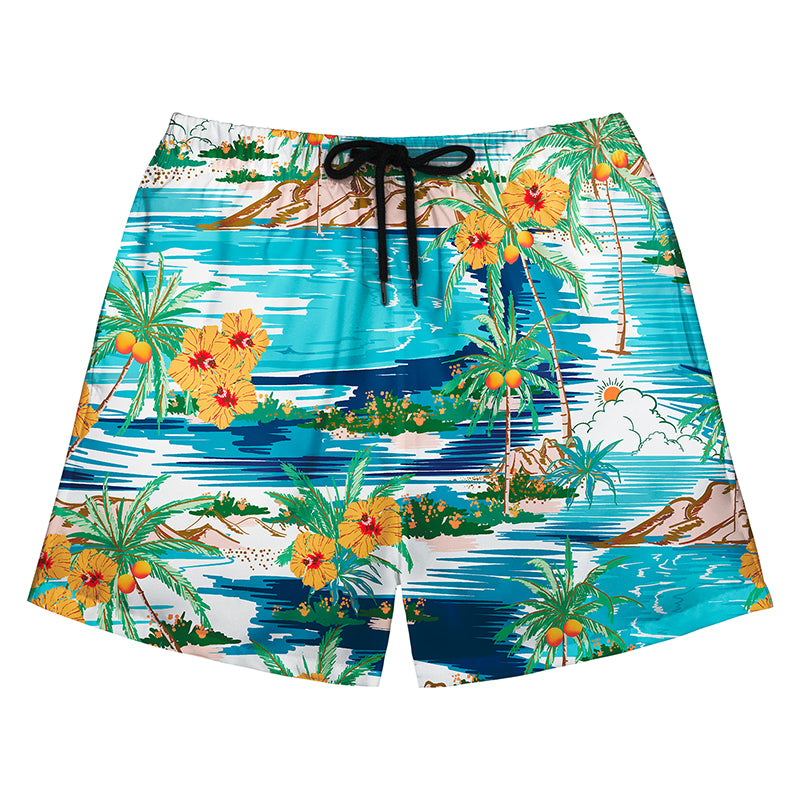 Tropical Island & Palm Tree Print Men's Swim Trunks