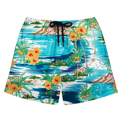 Tropical Island & Palm Tree Print Men's Swim Trunks