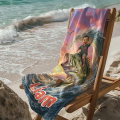 Personalized Fishing Beach Towel with Boys Face & Name, Bass Fish Kid Gift, Kids Towel.