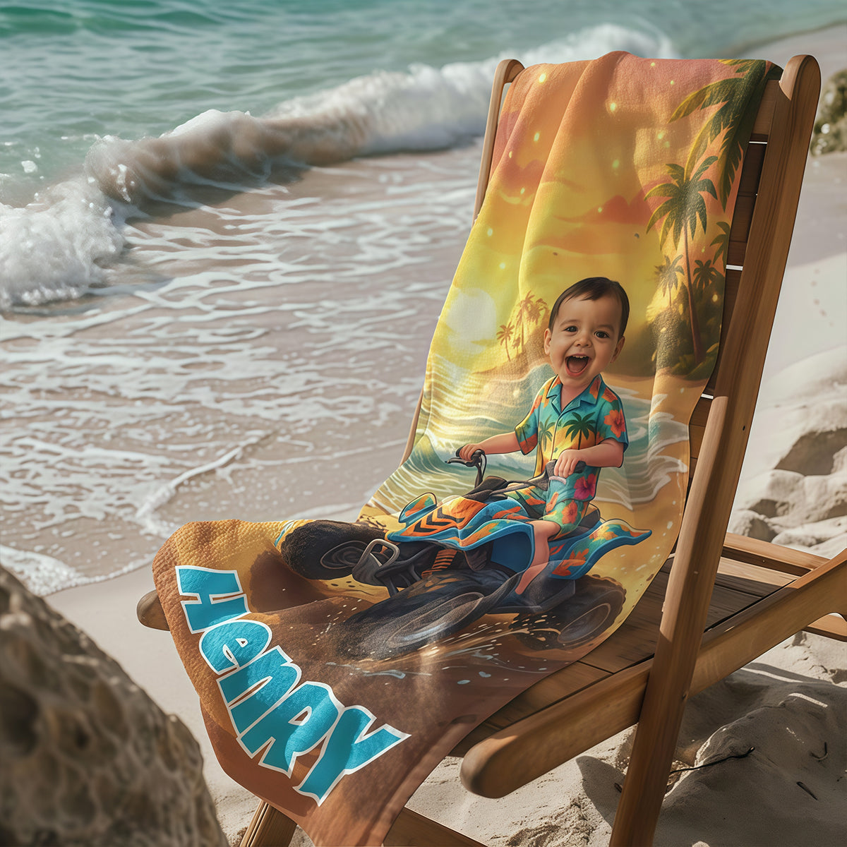 Personalized Kids Beach Towel with Face & Name, Custom Beach Towel for Boys, Summer Gift, ATV racing gift.