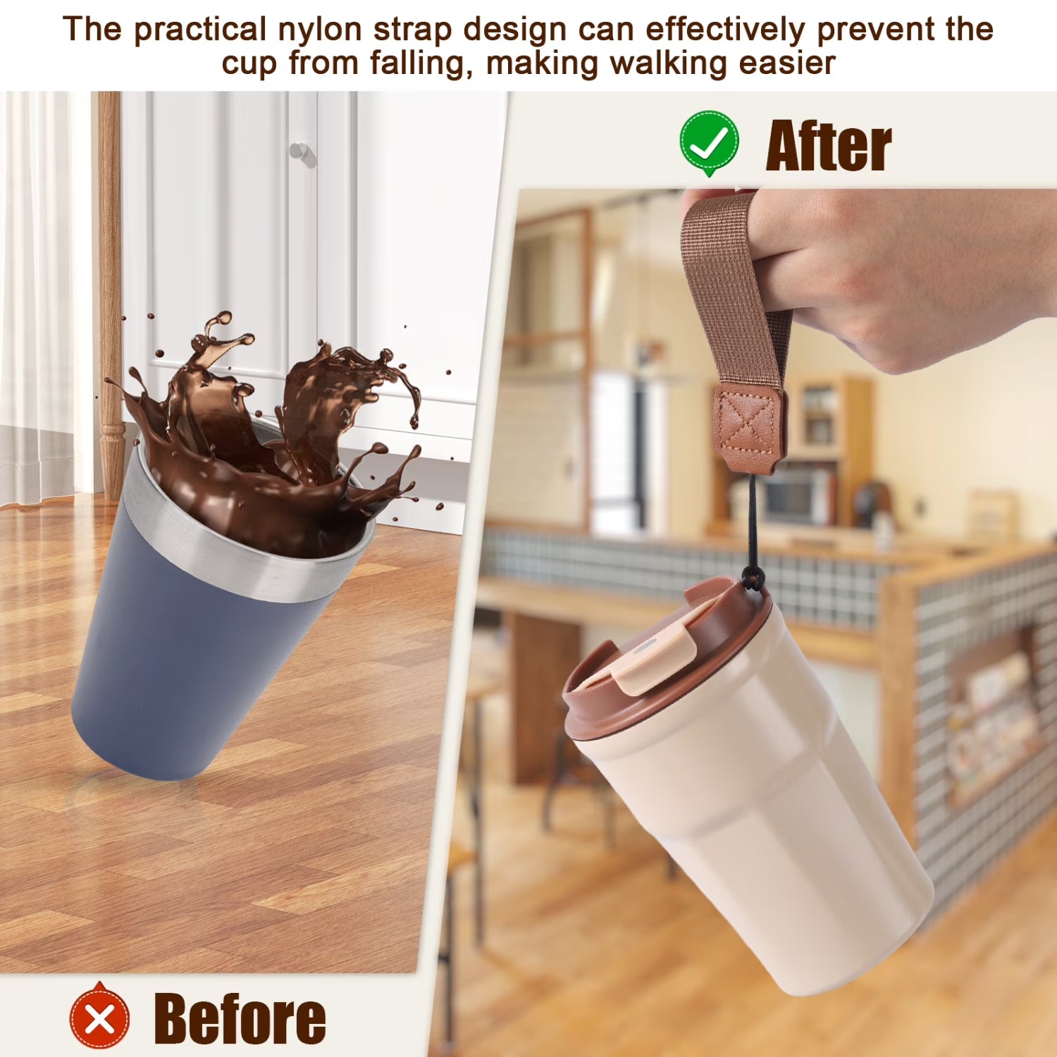 350ml Double Wall Vacuum Insulated Coffee Cup - BPA-Free Leakproof Lid & Strap, Reusable Thermal Mug for Hot/Cold Beverages, Neutral Beige