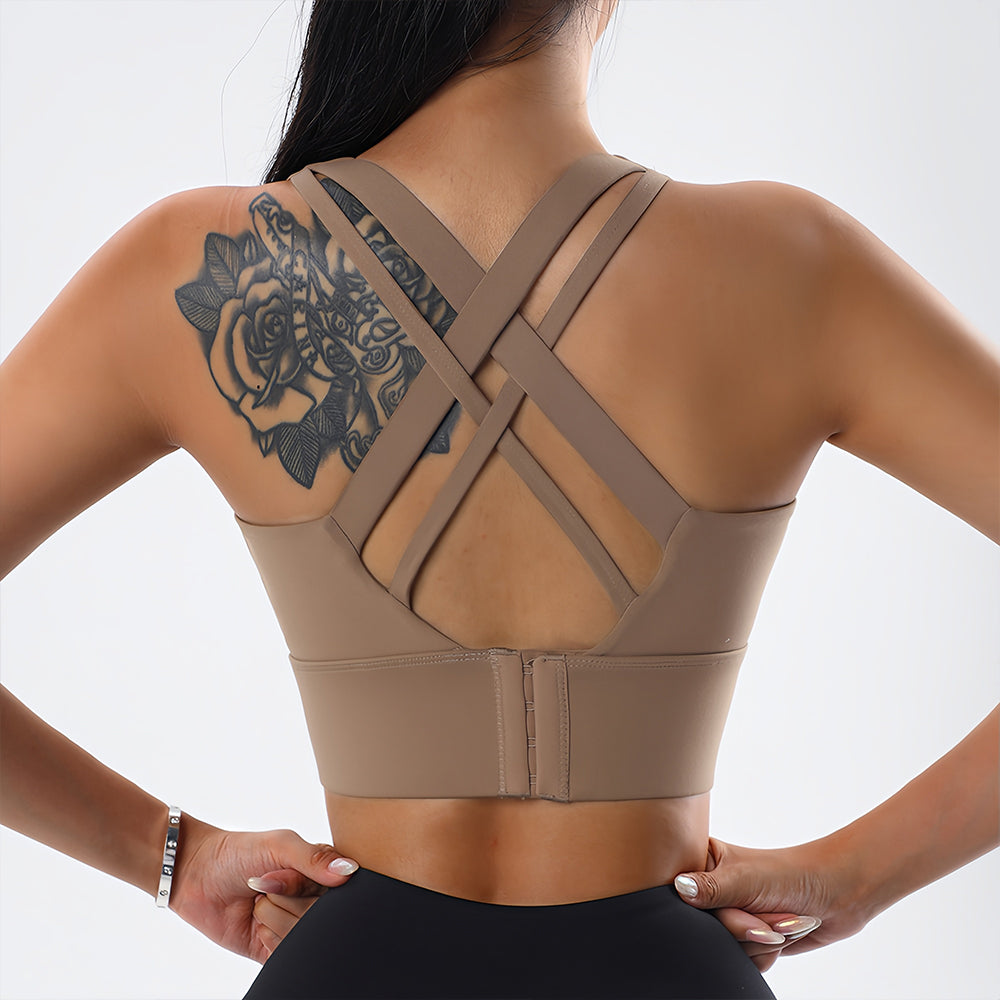 Crisscross Back High Support Sports Bra - Adjustable Hook-and-Eye Back Workout Crop Top
