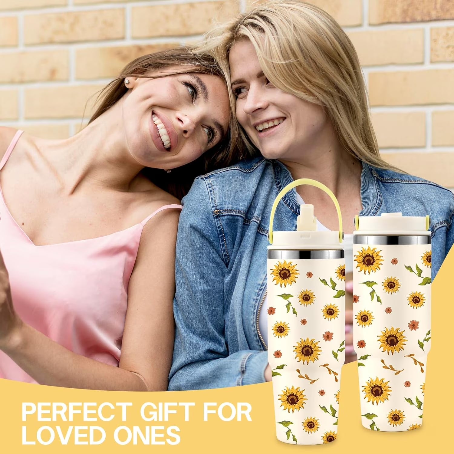 Sunflower Print Insulated Water Bottle with Straw & Handle, Leakproof Stainless Steel Tumbler for Hot/Cold Drinks, Boho Floral Design