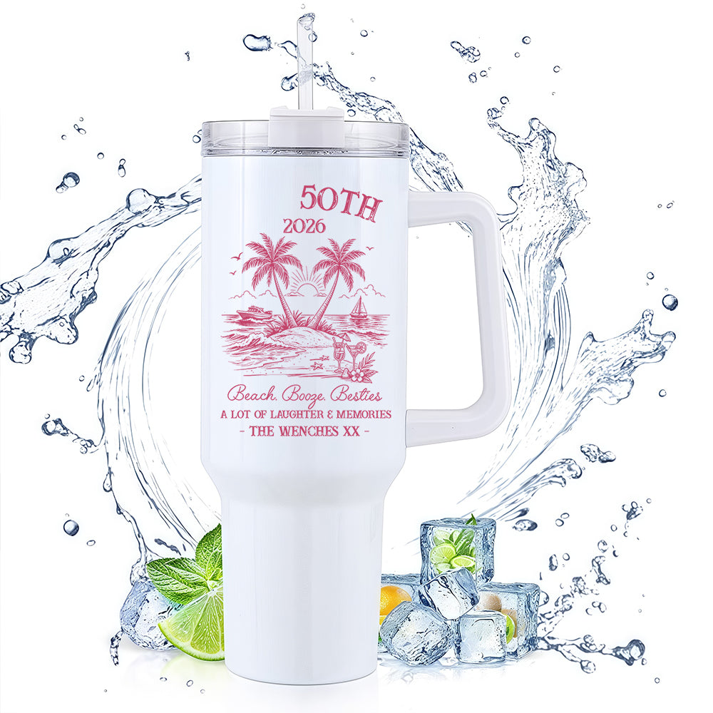 40oz Handle Tumbler | 50th Birthday 2026 Beach Booze Besties Tropical Palm Tree Custom Insulated Travel Cup For Girls Trip Best Friend Gift