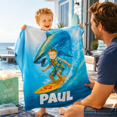 Personalized Shark Beach Towel for Kids, Custom Face Pool Towel, Boys Summer Gift, Surfing Shark Towel with Name, Birthday Beach Gift.