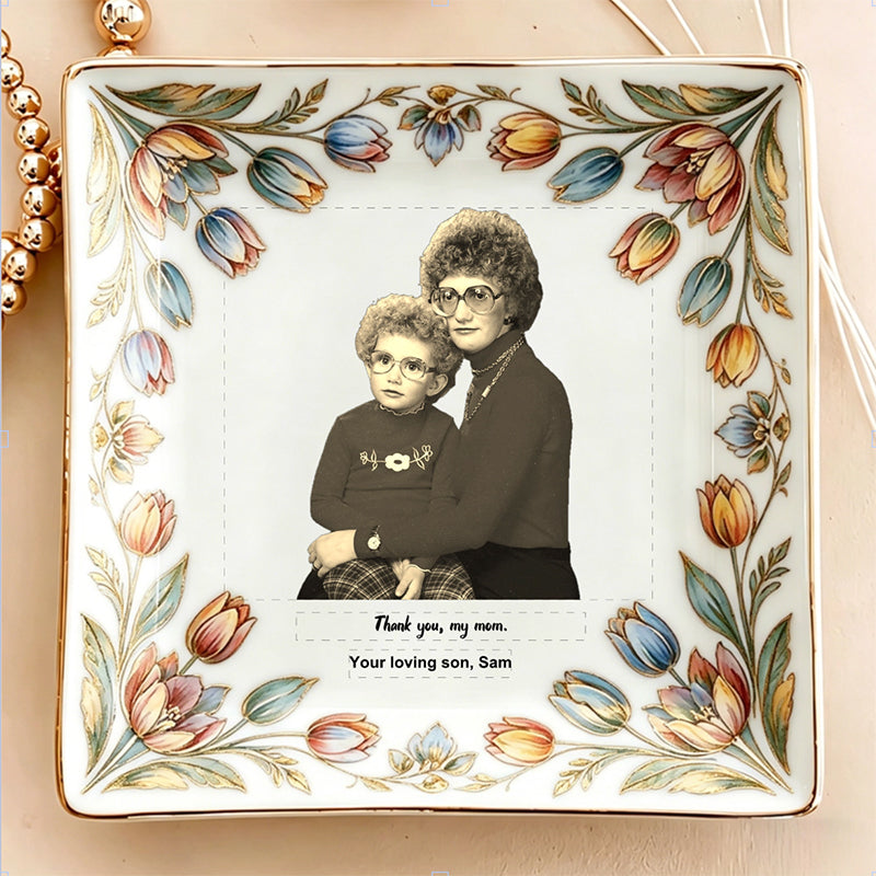 Custom Vintage Floral Jewelry Dish - Personalized Mother & Son Photo Ceramic Tray with Elegant Botanical Border