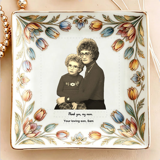 Custom Vintage Floral Jewelry Dish - Personalized Mother & Son Photo Ceramic Tray with Elegant Botanical Border