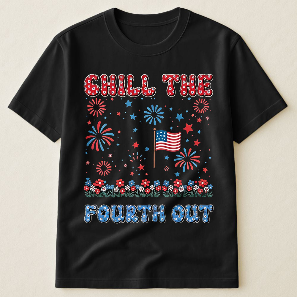Chill The Fourth Out Floral Retro American Flag Fireworks 4th Of July Groovy T-Shirt