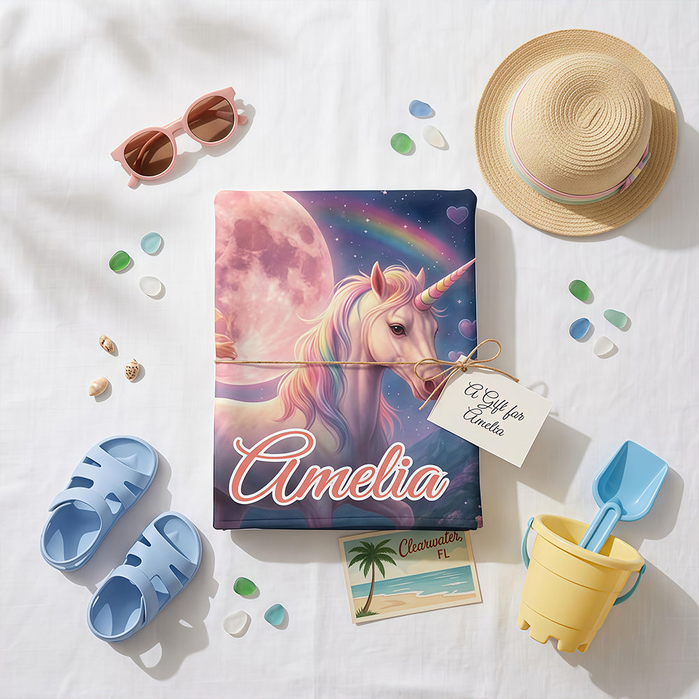 Personalized Unicorn Beach Towel with Girl's Face & Name, Magical Girl Gift, Custom Kids Towel.