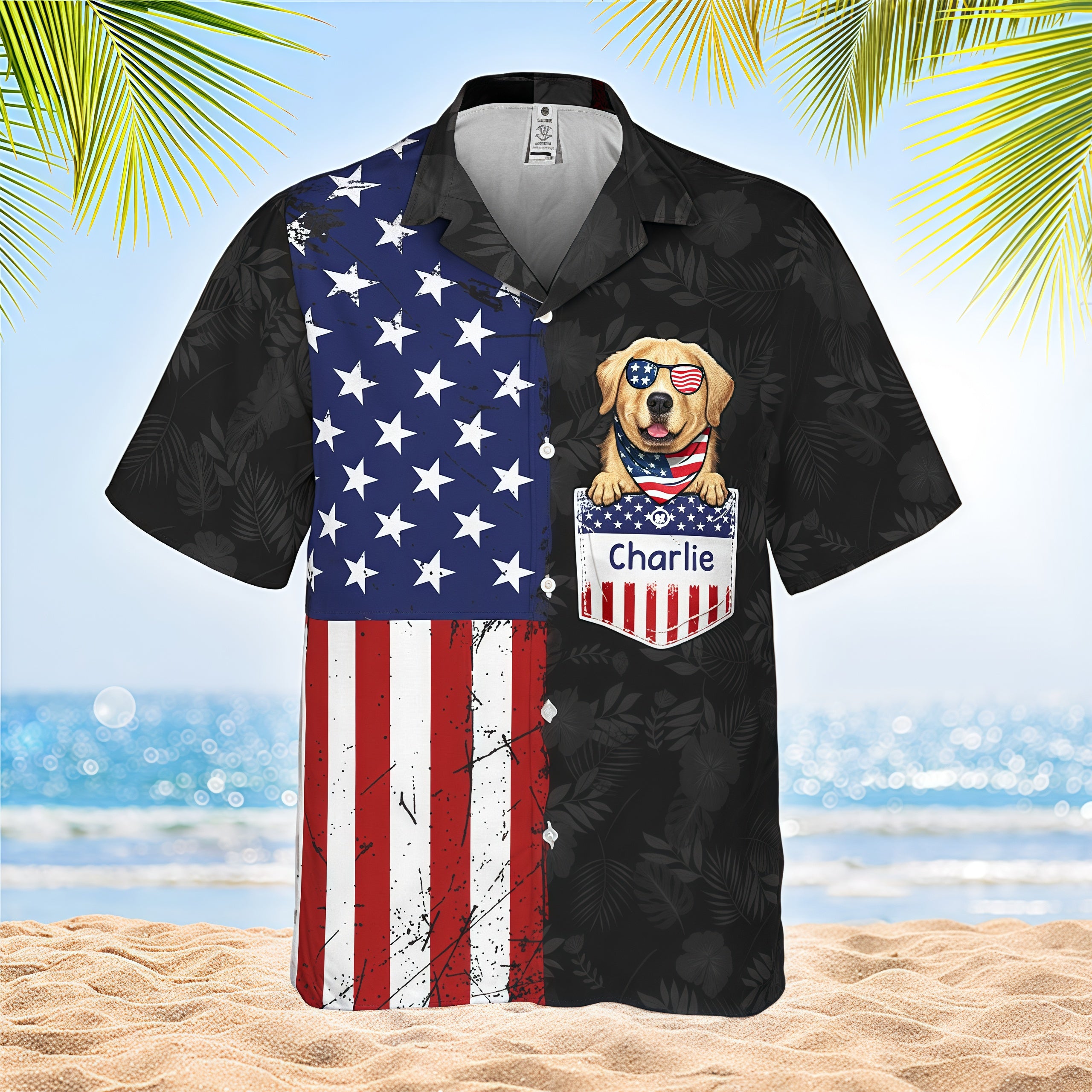Vintage Distressed USA Flag Black Tropical Leaf Aloha Shirt