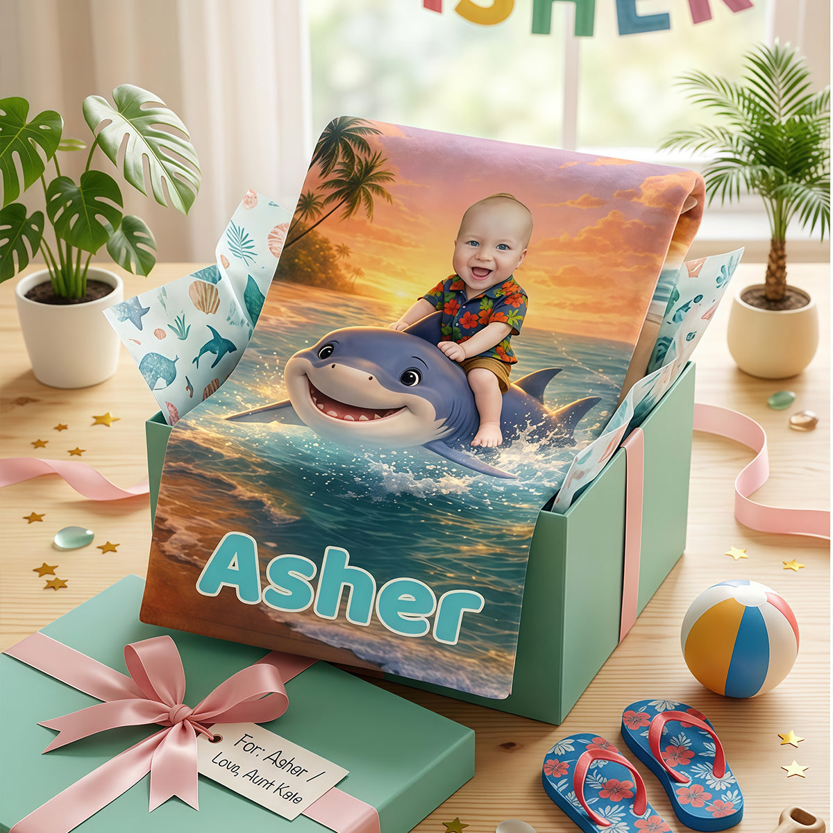 Personalized Shark Beach Towel, Custom Baby Photo Towel with Name, Summer Gift for Kids.