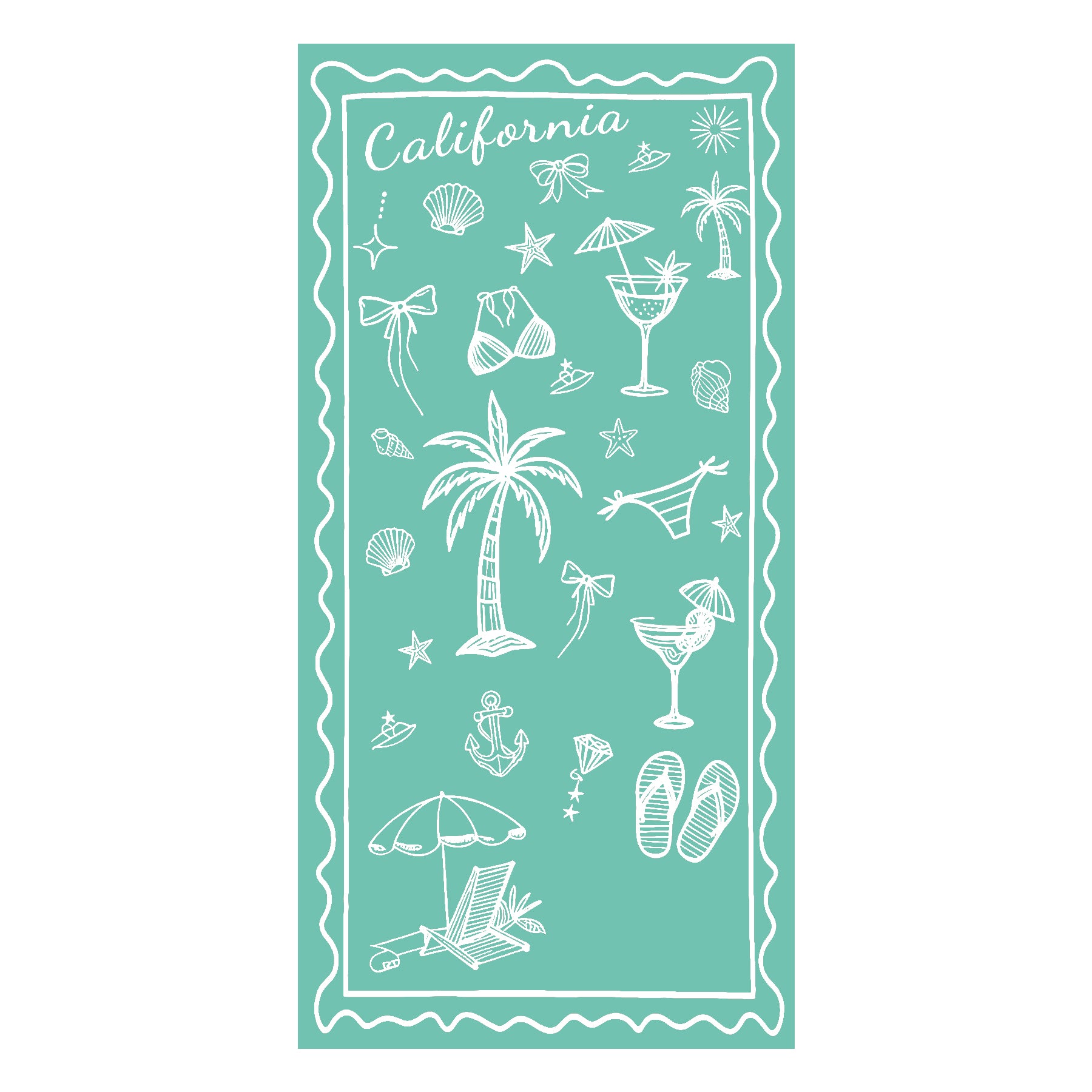 California Coastal Doodle Red & White Beach Towel