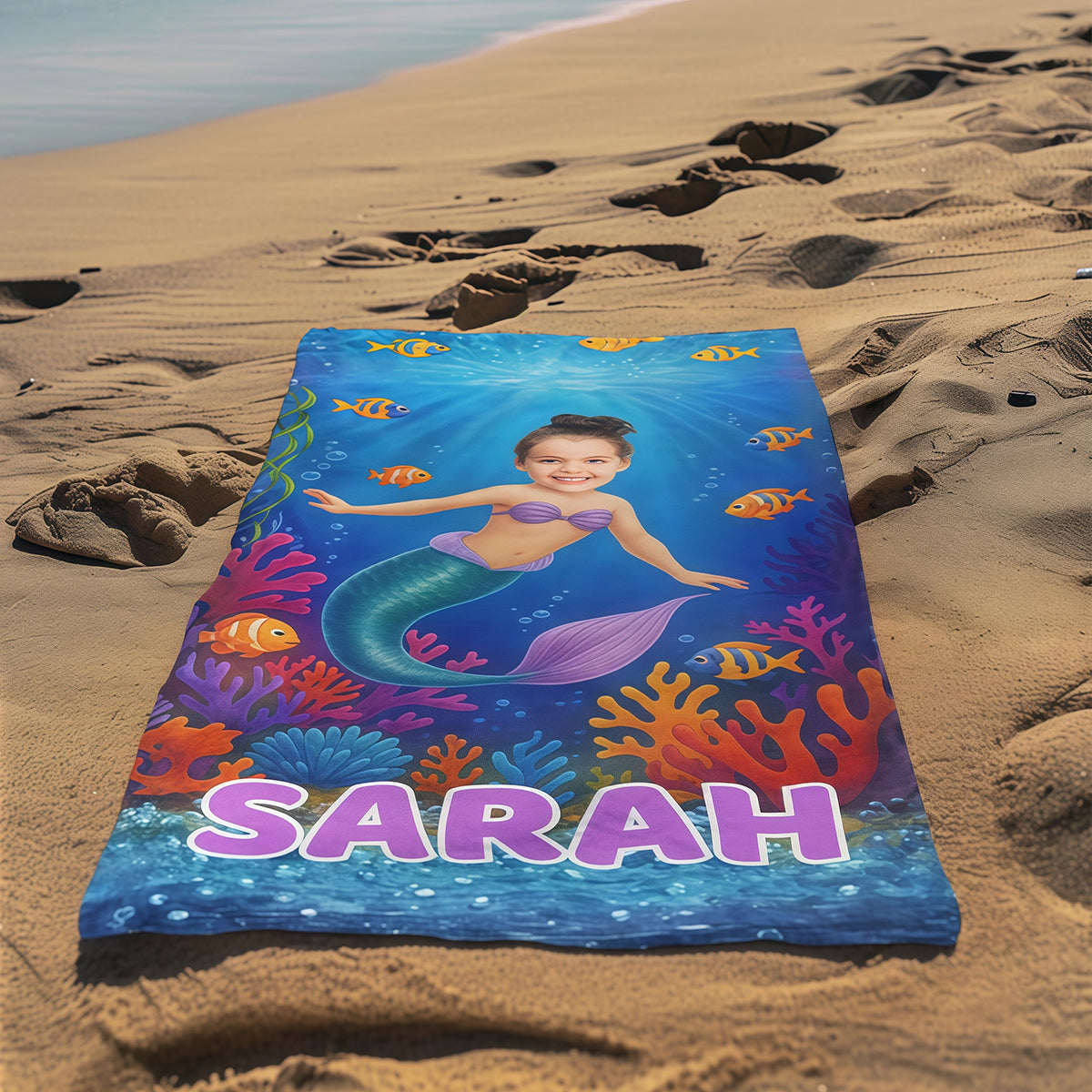 Custom Mermaid Girl Beach Towel with Face & Name,Personalized Daughter Summer Vacation Towel.