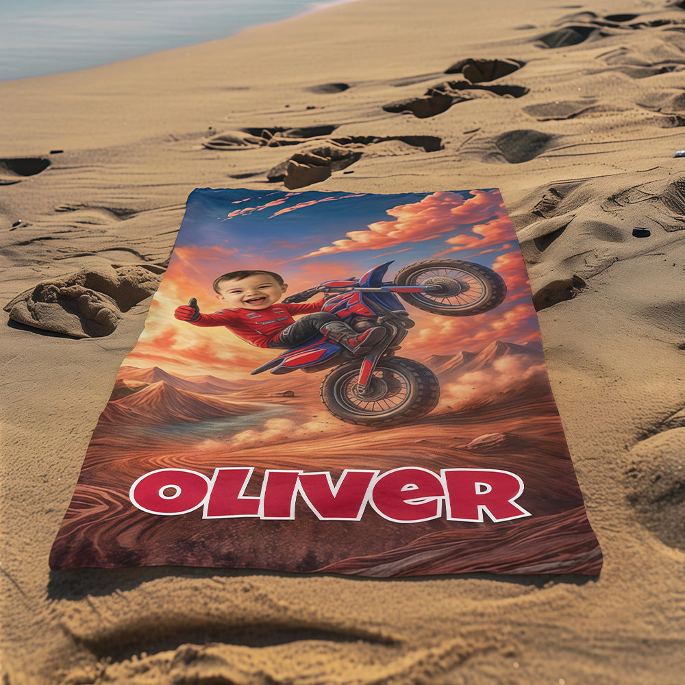 Personalized Motocross Beach Towel with Child Face & Name, Dirt Bike Kid Gift, Custom Motocross.