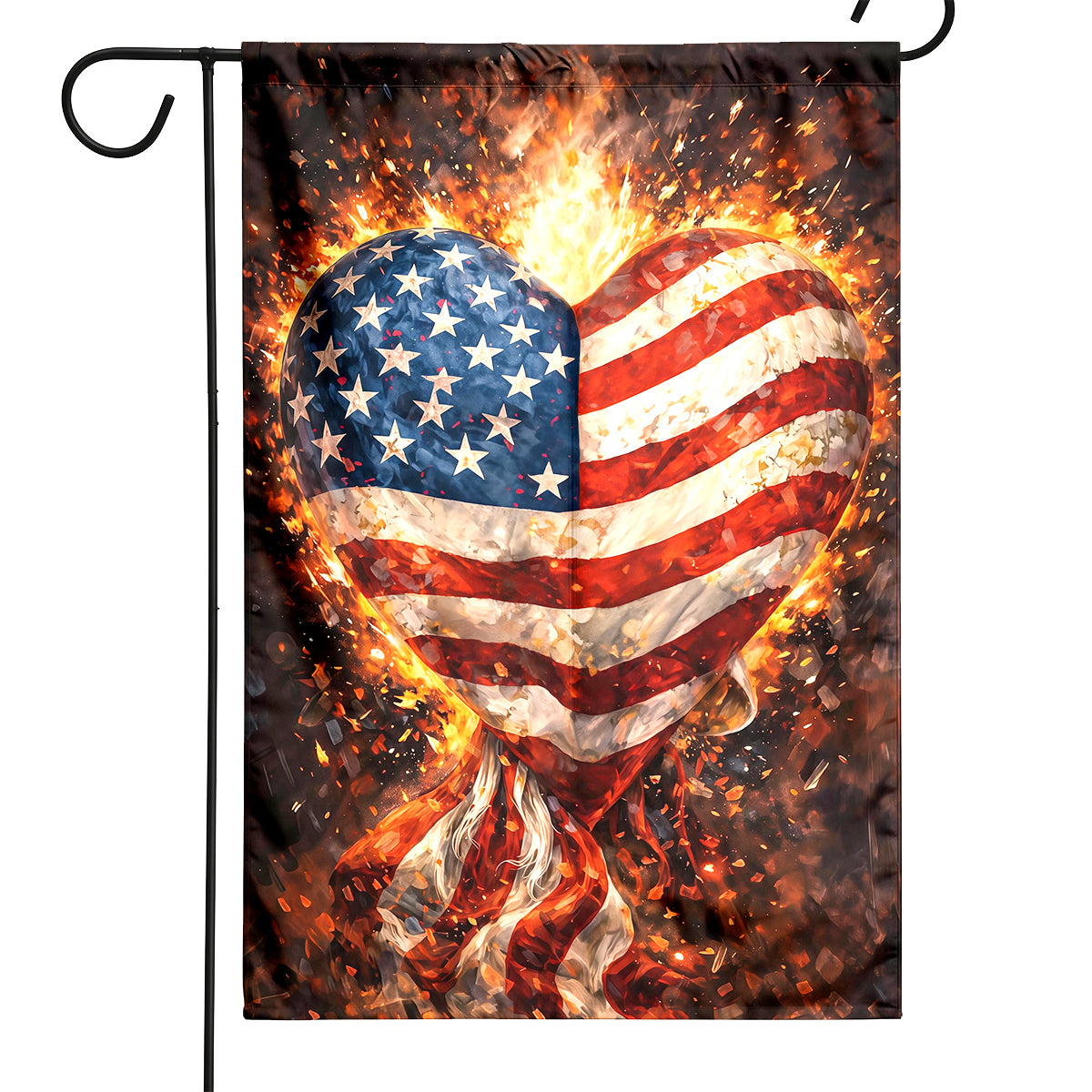Custom Fire Heart Shaped American Flag Garden Flag, Grunge Patriotic Love USA Yard Banner Customizable 4th of July Decor