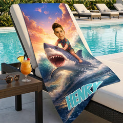 Personalized Shark Beach Towel, Custom Kids Pool Towels with Name, Summer Gift for Boys.
