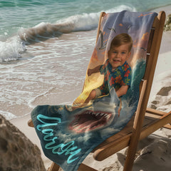 Personalized Shark Beach Towel with Child Face & Name, Funny Summer Kid Gift, Vacation Gift.