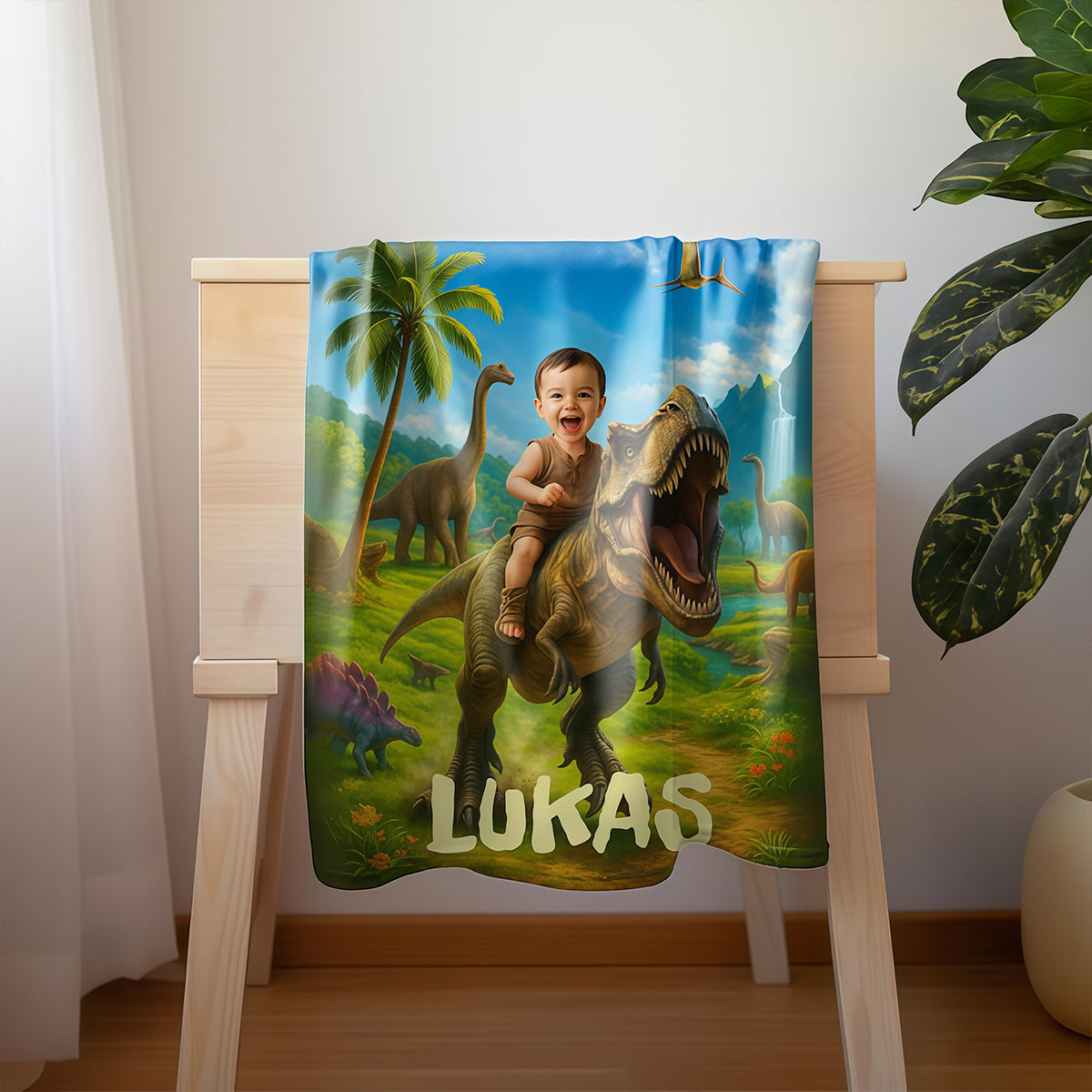 Personalized Dinosaur Blanket with Child’s Photo and Name, Custom Dino Riding Design for Kids.