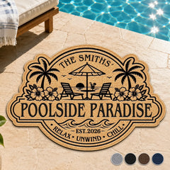 Custom Poolside Shaped Doormat - Personalized Summer Vacation And Travel Gifts For Mom, Dad, Brother, Sister, Kids - Welcome To Our Happy Place