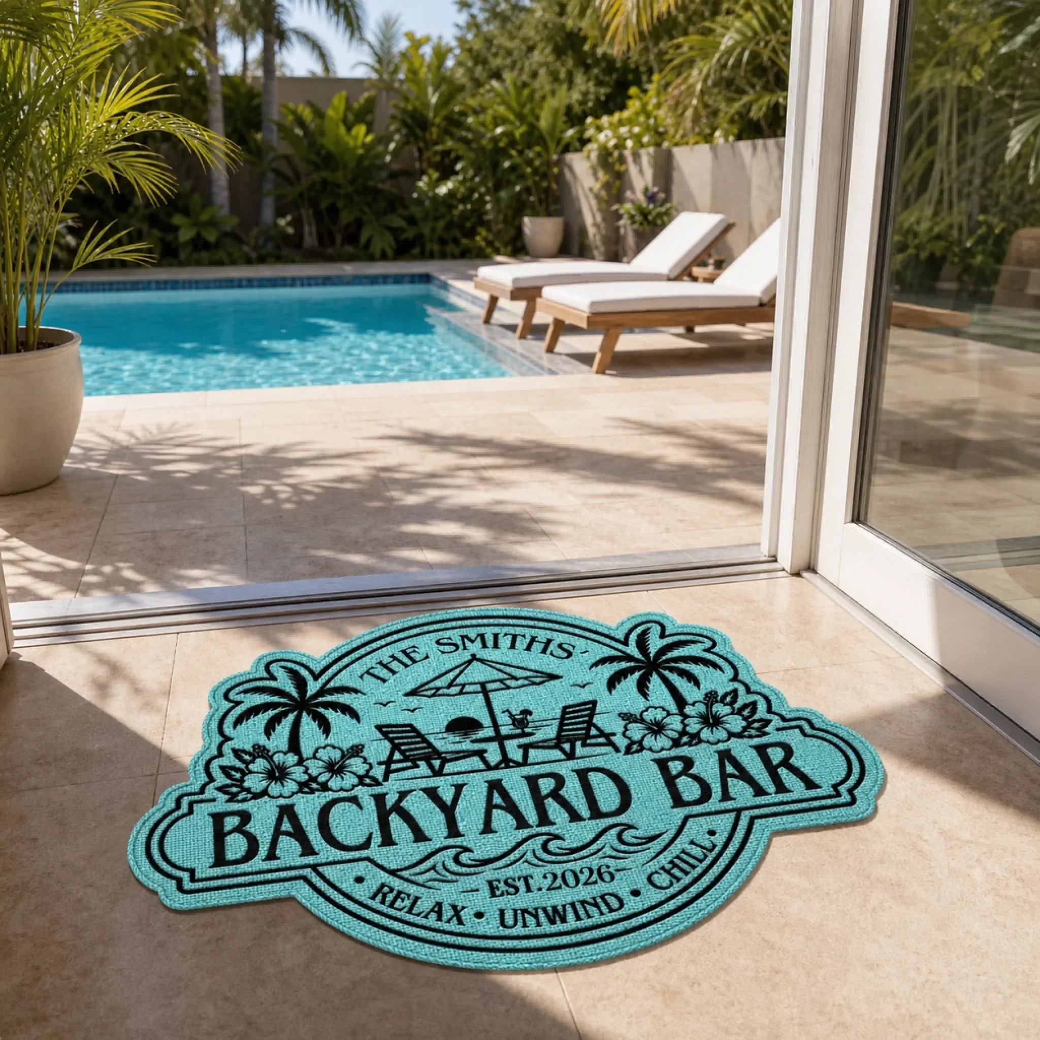 Custom Poolside Shaped Doormat - Personalized Summer Vacation And Travel Gifts For Mom, Dad, Brother, Sister, Kids - Welcome To Our Happy Place